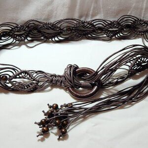 Brown macrame belt boho style beaded O ring sz M NEW